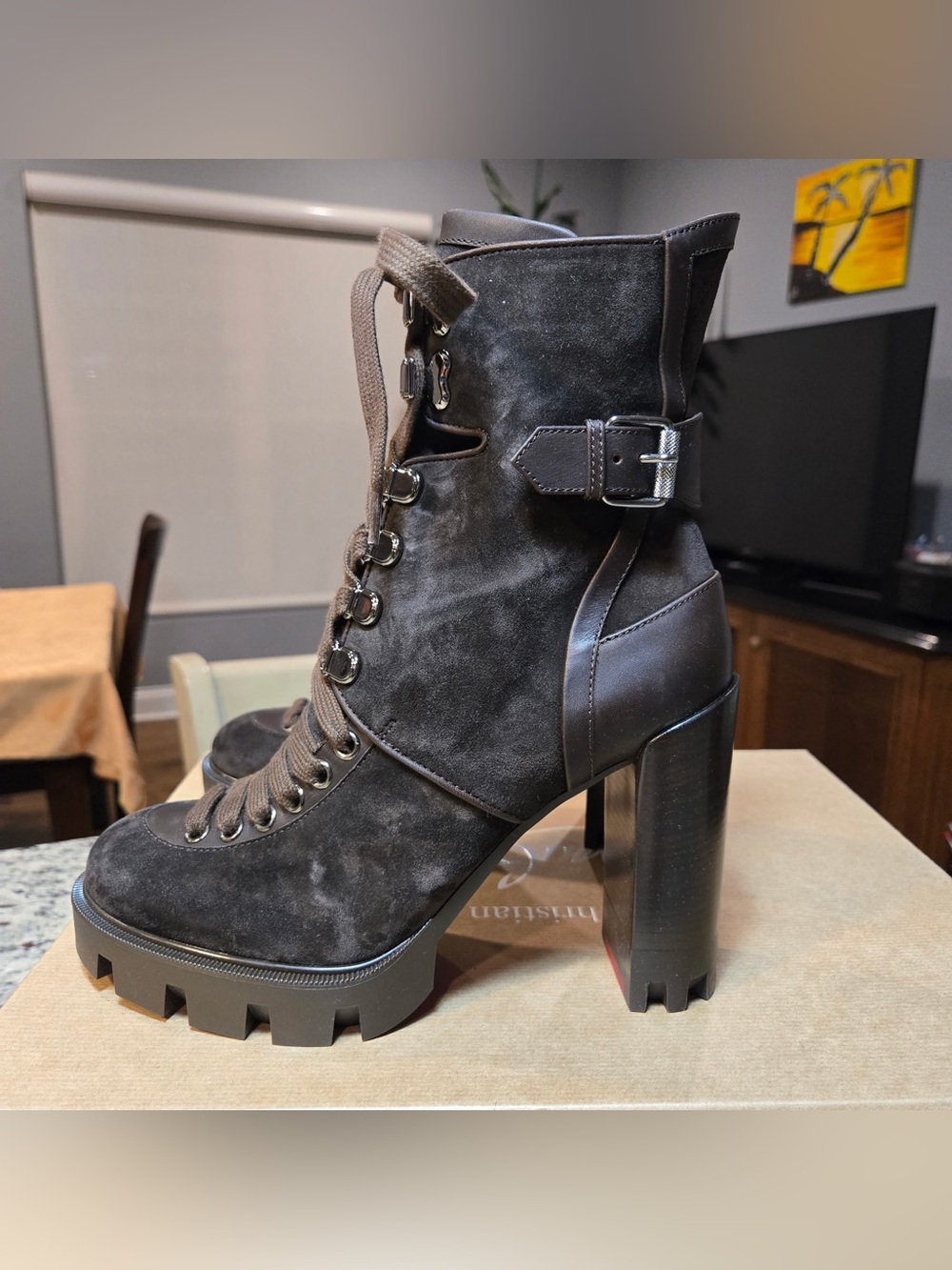 NEW Christian Louboutin New Macademia Brown Suede Lug-Heel Lace-Up Ankle Boots